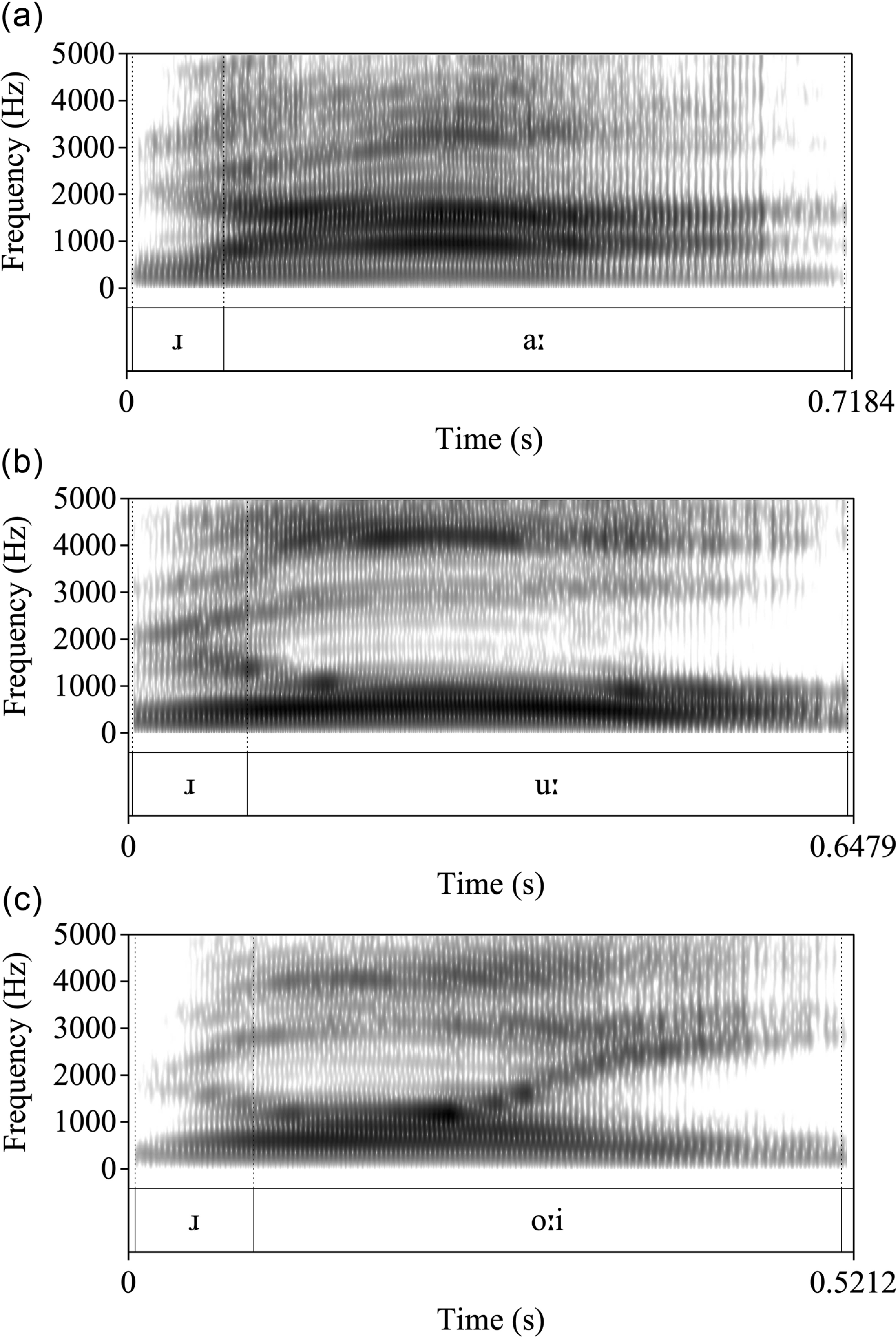 Three spectrograms display frequency over time for different Zhuang language sounds.