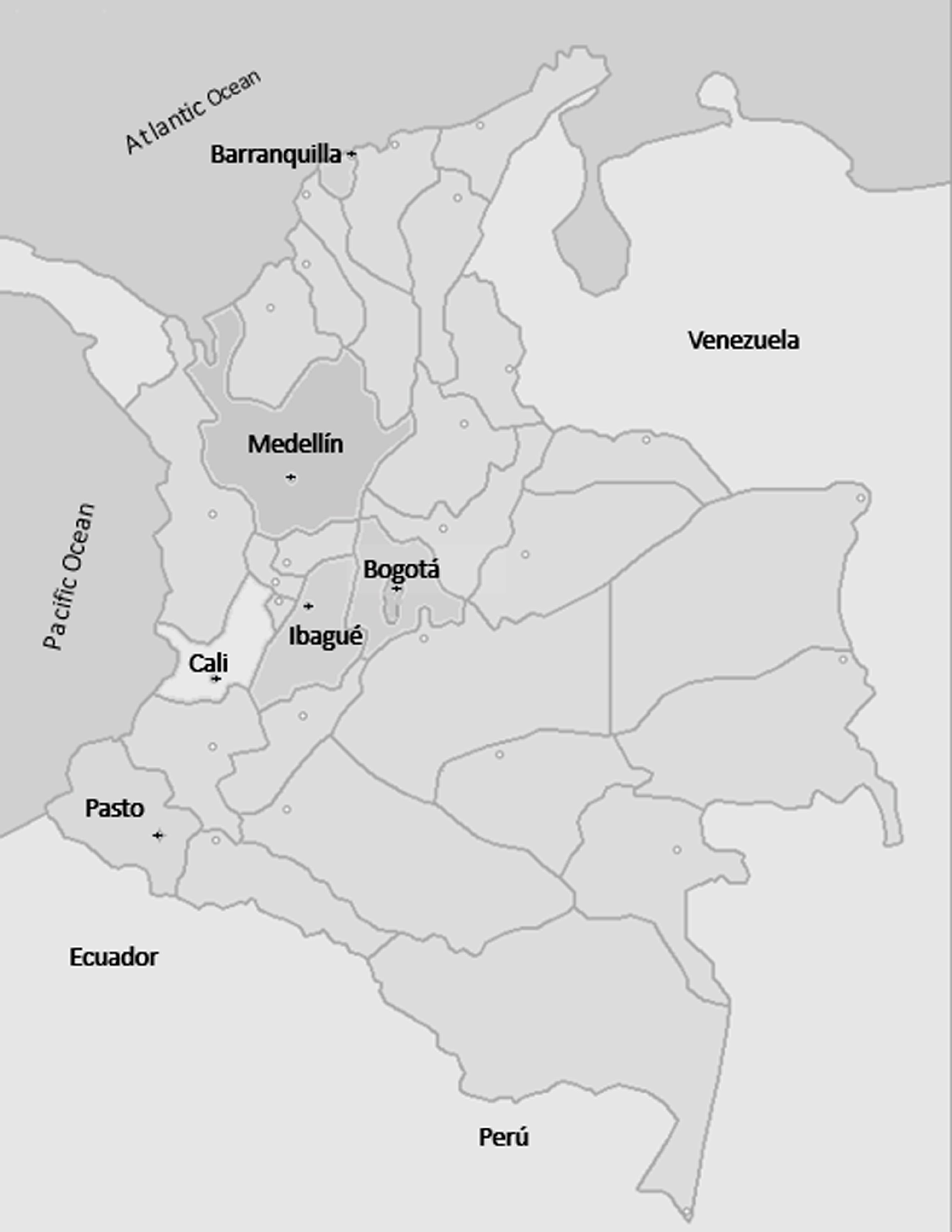 A map of Colombia highlighting major cities and neighboring countries.