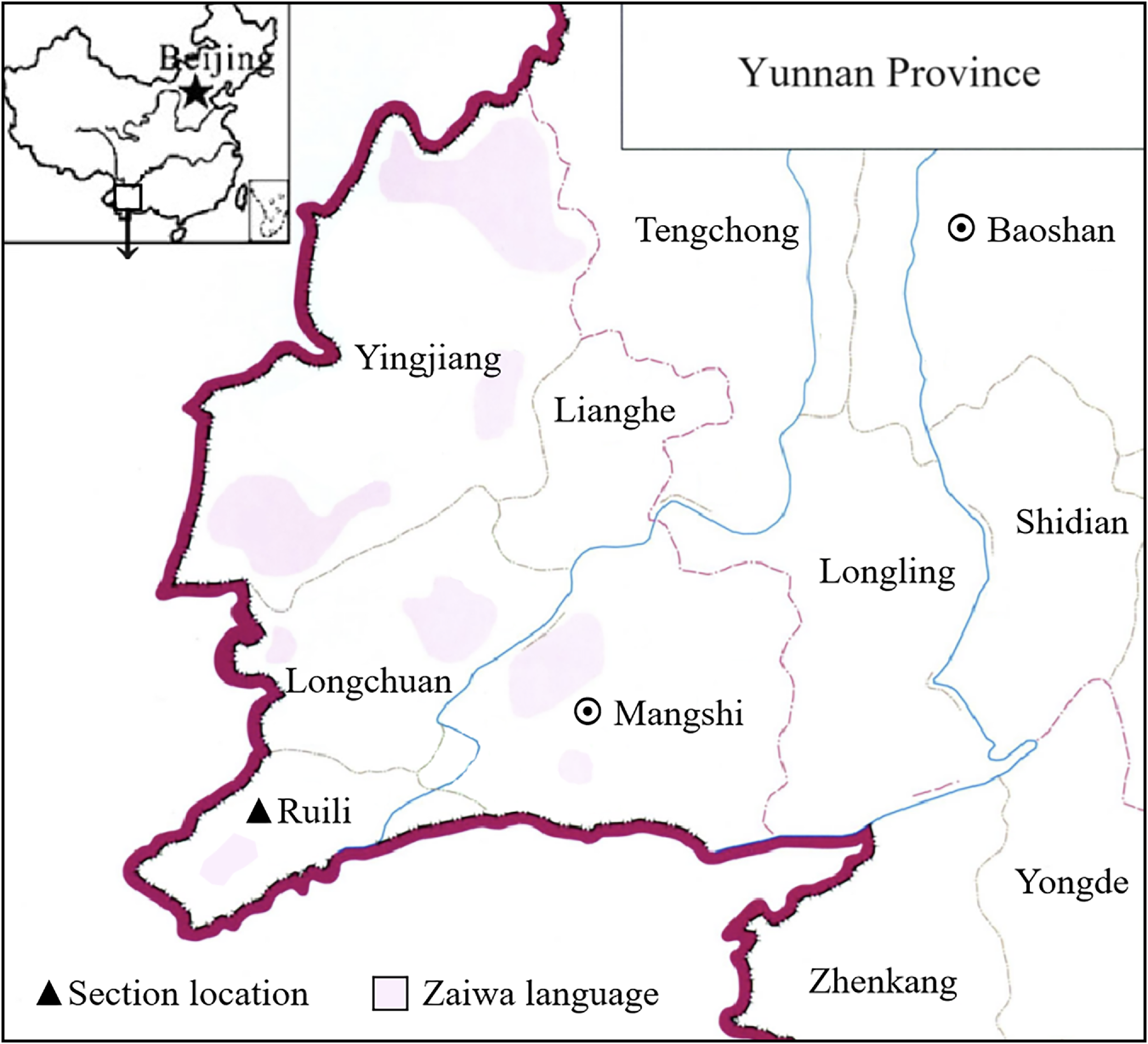 A map of Yunnan Province in China highlighting the distribution of the Zaiwa language.