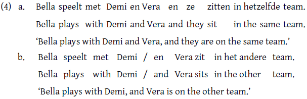 A table comparing two sentences in Dutch and English about Bella playing with Demi and Vera on the same or different teams.