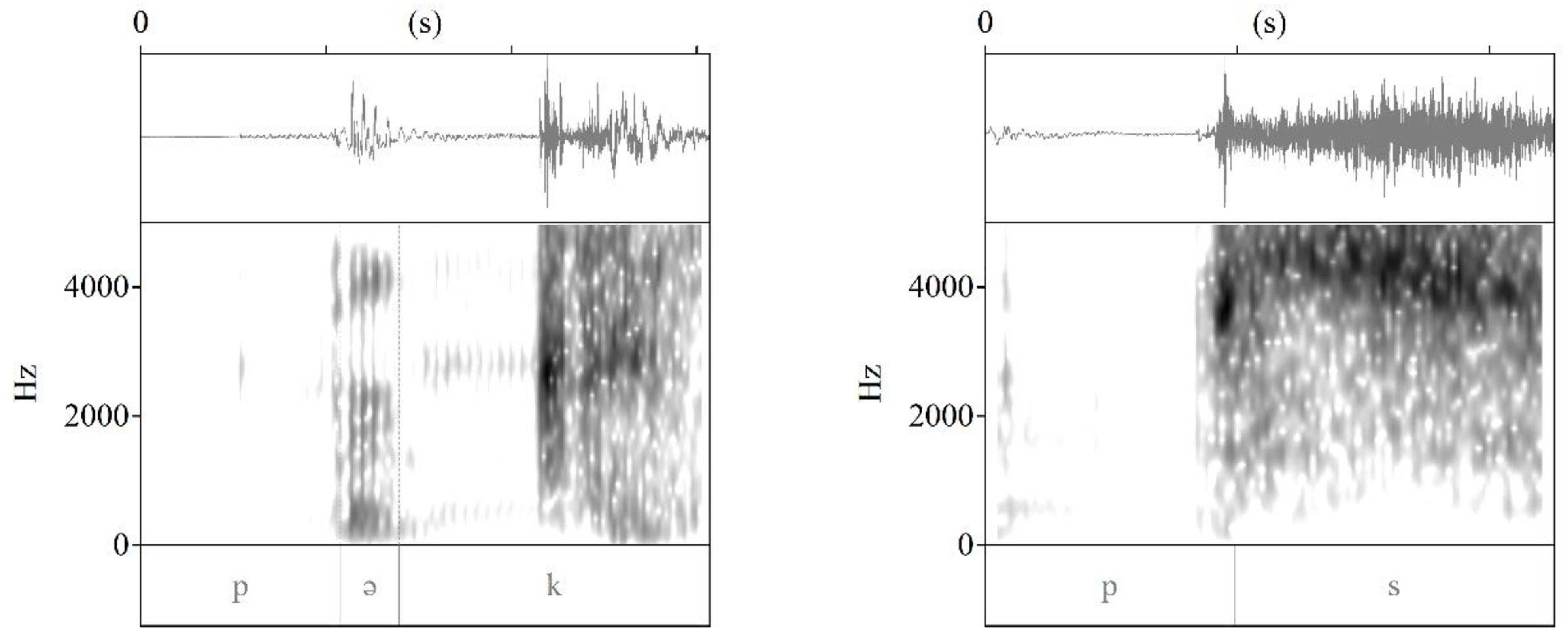 Two spectrograms compare vowel deletion in the Mayan language family, showing differences in vowel presence between voiceless segments.
