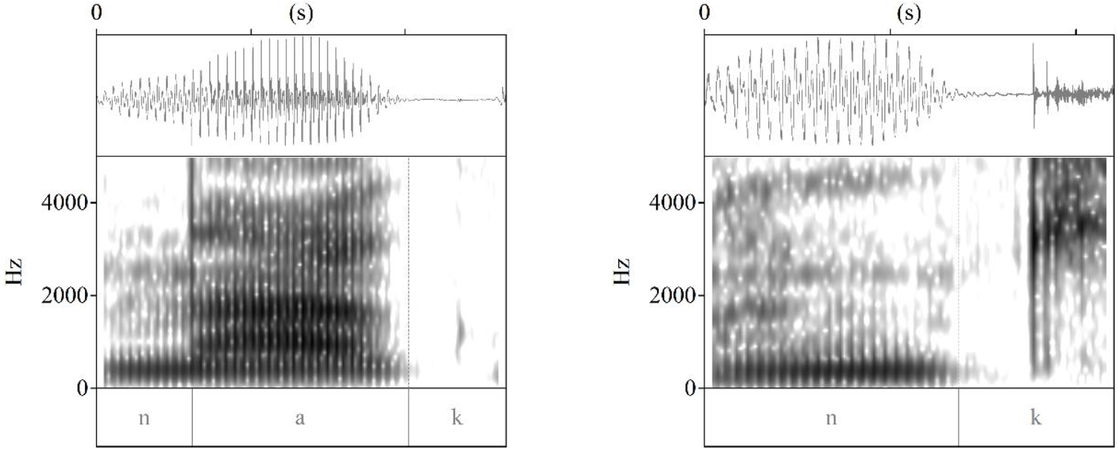 Two spectrograms compare vowel sounds in Kiche language, showing differences in voiced and unvoiced segments.