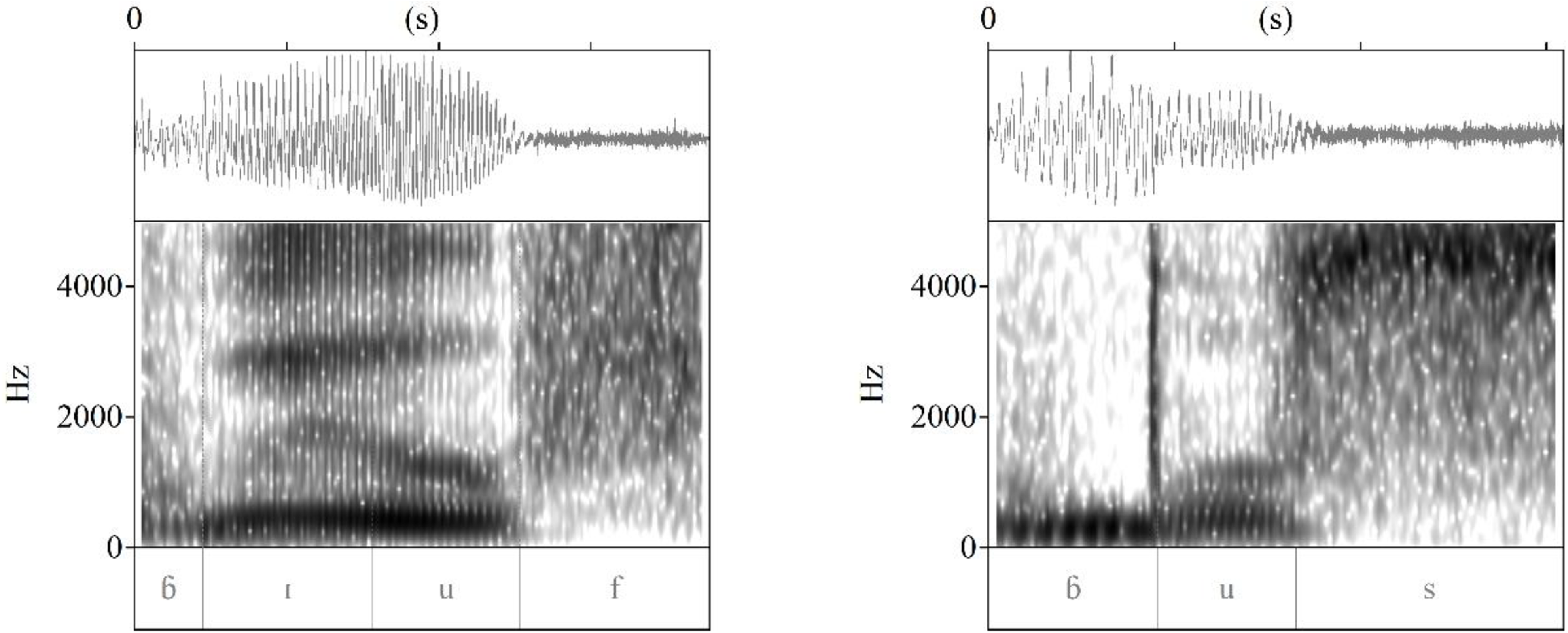 Two spectrograms compare vowel sounds in the Mayan language family, showing differences in vowel deletion patterns.