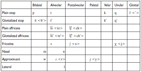 A table displaying the consonant inventory of Kiche with orthographic symbols in angle brackets, organized by place of articulation and manner of articulation.