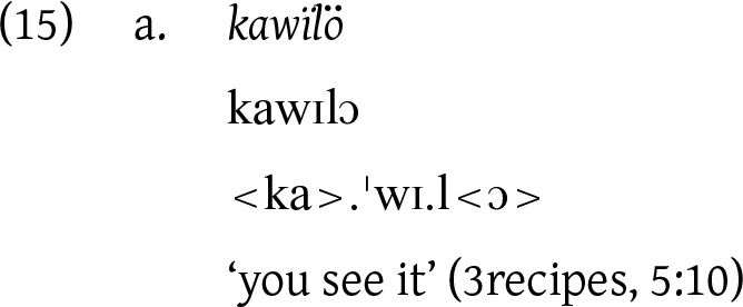 An equation with the word kawilo written twice, followed by phonetic transcription and translation.