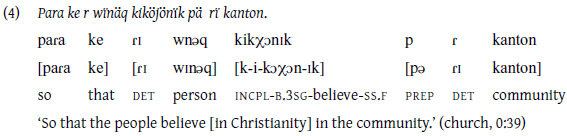 A table showing a sentence in an indigenous language with its breakdown and translation.