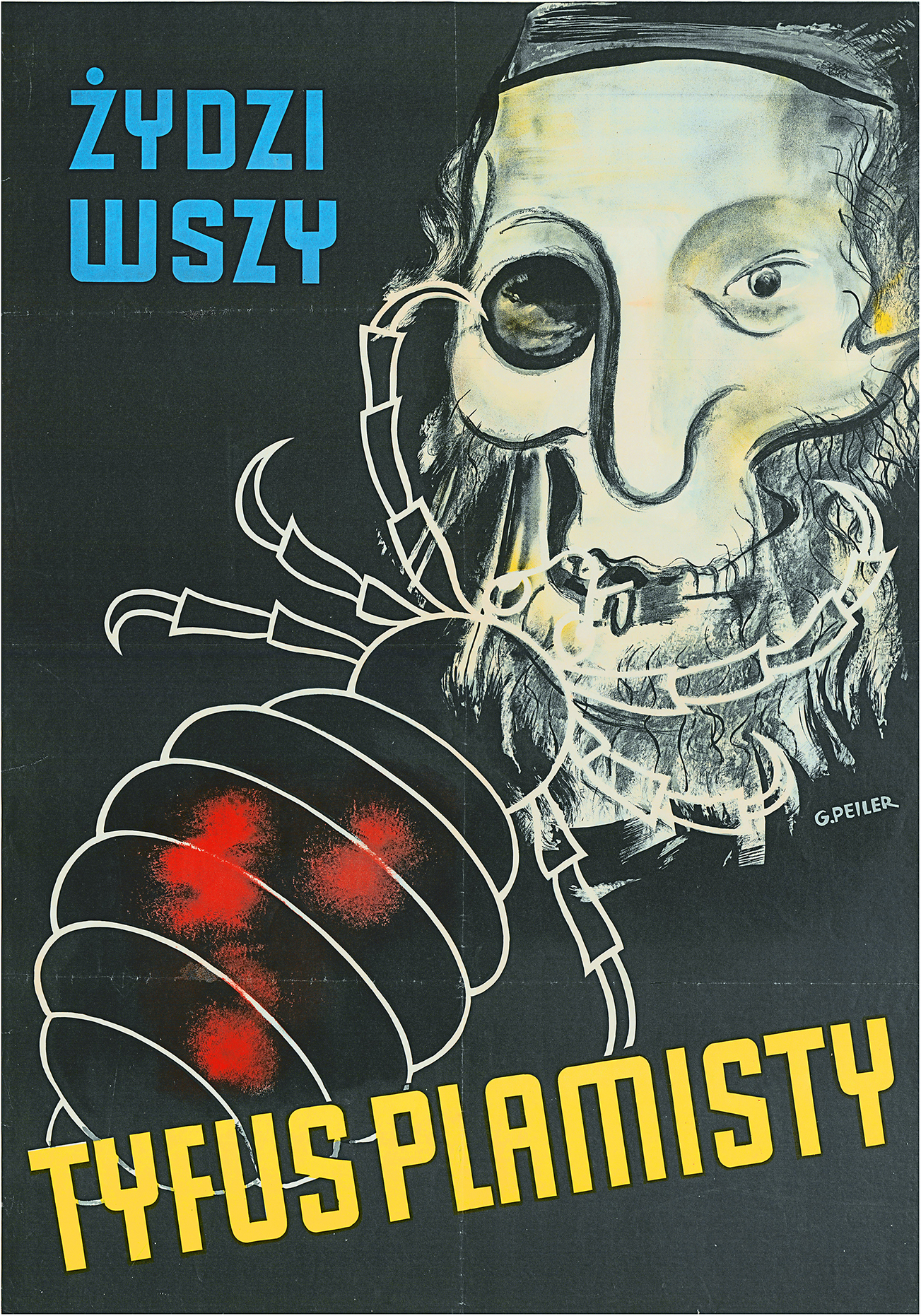 Propaganda poster with a caricature of a bearded man whose face is partially a skull. A large louse with red spots crawls over him. Blue text at top left reads ZY D Z I W S Z Y and yellow text at bottom reads T Y F U S P L A M I S T Y.