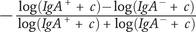 minus StartFraction log left parenthesis upper I g upper A Superscript plus Baseline plus c right parenthesis minus log left parenthesis upper I g upper A Superscript minus Baseline plus c right parenthesis Over log left parenthesis upper I g upper A Superscript plus Baseline plus c right parenthesis plus log left parenthesis upper I g upper A Superscript minus Baseline plus c right parenthesis EndFraction