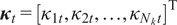 kappa t equals left bracket kappa 1 t comma kappa 2 t comma ellipsis comma kappa Nkt right bracket upper T