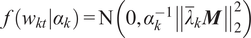 f left parenthesis wkt vertical bar alpha k right parenthesis equals upper N left parenthesis 0 comma alpha k minus 1 double vertical bar lamda quotation dash kM double vertical bar 22 right parenthesis