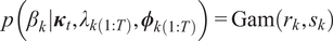 p left parenthesis beta k vertical bar kappa t comma lamda k left parenthesis 1 colon upper T right parenthesis comma phi k left parenthesis 1 colon upper T right parenthesis right parenthesis equals Gam left parenthesis rk comma sk right parenthesis