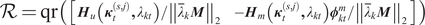 upper R equals qr left parenthesis left bracket Hu left parenthesis kappa t left parenthesis s comma j right parenthesis comma lamda kt right parenthesis slash double vertical bar lamda quotation dash kM double vertical bar 2 minus Hm left parenthesis kappa t left parenthesis s comma j right parenthesis comma lamda kt right parenthesis phi ktm slash double vertical bar lamda quotation dash kM double vertical bar 2 right bracket right parenthesis