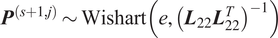 upper P left parenthesis s plus 1 comma j right parenthesis tilde Wishart left parenthesis e comma left parenthesis upper L 22 upper L 22 upper T right parenthesis minus 1 right parenthesis