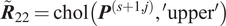upper R tilde 22 equals chol left parenthesis upper P left parenthesis s plus 1 comma j right parenthesis comma prime upper prime right parenthesis