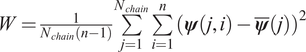upper W equals 1 Nchain left parenthesis n minus 1 right parenthesis sigma summation j equals 1 Nchain sigma summation i equals 1 n left parenthesis psi left parenthesis j comma i right parenthesis minus psi quotation dash left parenthesis j right parenthesis right parenthesis 2
