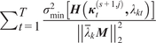 sigma summation t equals 1 upper T sigma min 2 left bracket upper H left parenthesis kappa t left parenthesis s plus 1 comma j right parenthesis comma lamda kt right parenthesis right bracket double vertical bar lamda quotation dash kM double vertical bar 22