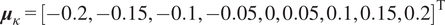 mu kappa equals left bracket minus 0.2 comma minus 0.15 comma minus 0.1 comma minus 0.05 comma 0 comma 0.05 comma 0.1 comma 0.15 comma 0.2 right bracket upper T