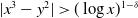 StartAbsoluteValue x cubed minus y squared EndAbsoluteValue greater than left parenthesis log x right parenthesis Superscript 1 minus delta