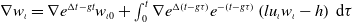 nabla w Subscript iota Baseline equals nabla e Superscript normal upper Delta t minus g t Baseline w Subscript iota Baseline 0 Baseline plus integral Subscript 0 Superscript t Baseline nabla e Superscript normal upper Delta left parenthesis t minus g tau right parenthesis Baseline e Superscript minus left parenthesis t minus g tau right parenthesis Baseline left parenthesis l u Subscript iota Baseline w Subscript iota Baseline minus h right parenthesis normal d tau