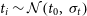 t Subscript i Baseline tilde script upper N left parenthesis t 0 comma sigma Subscript t Baseline right parenthesis