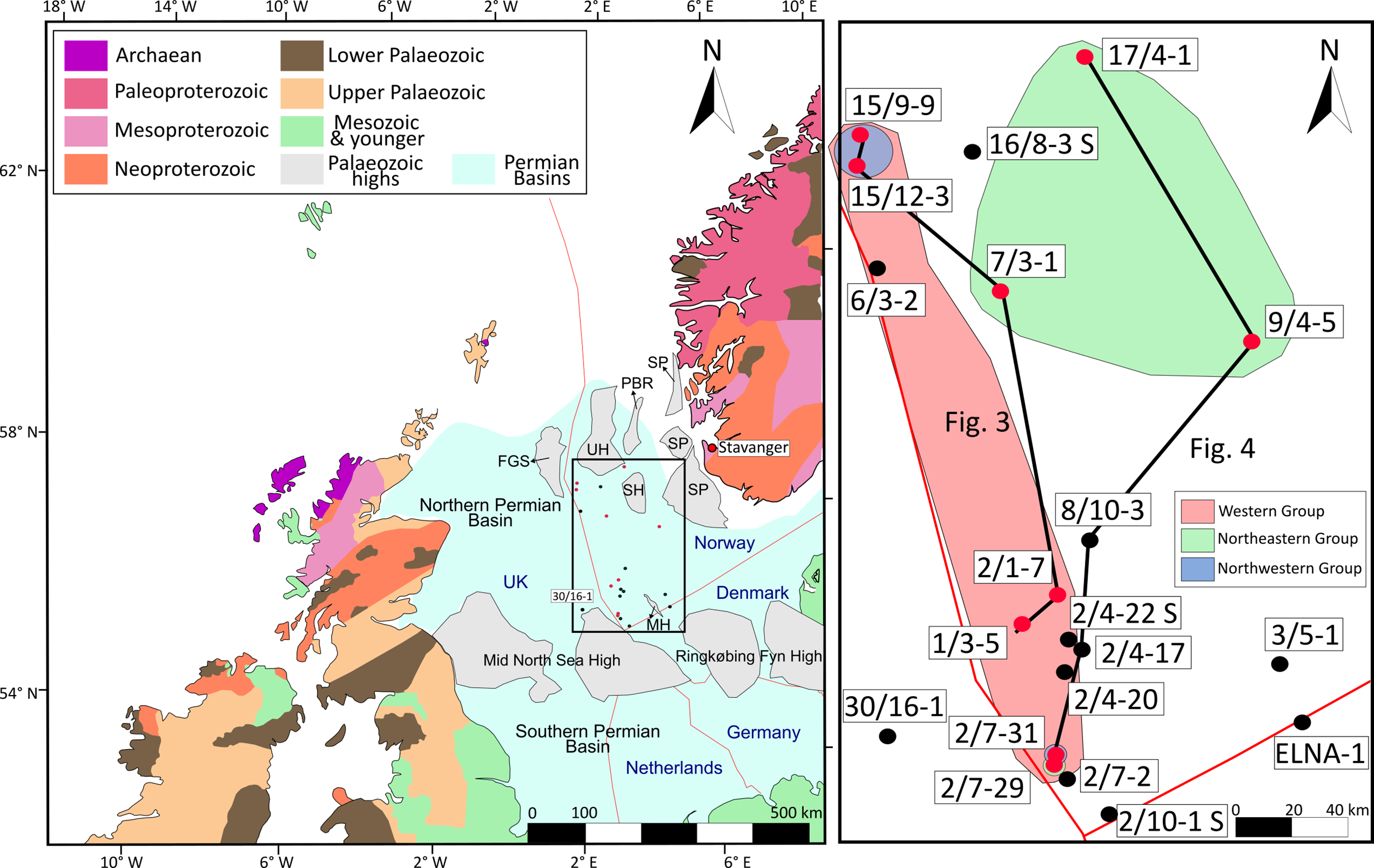 A map of the Northern and Southern Permian basins in Europe, showing geological stratigraphy and well locations.