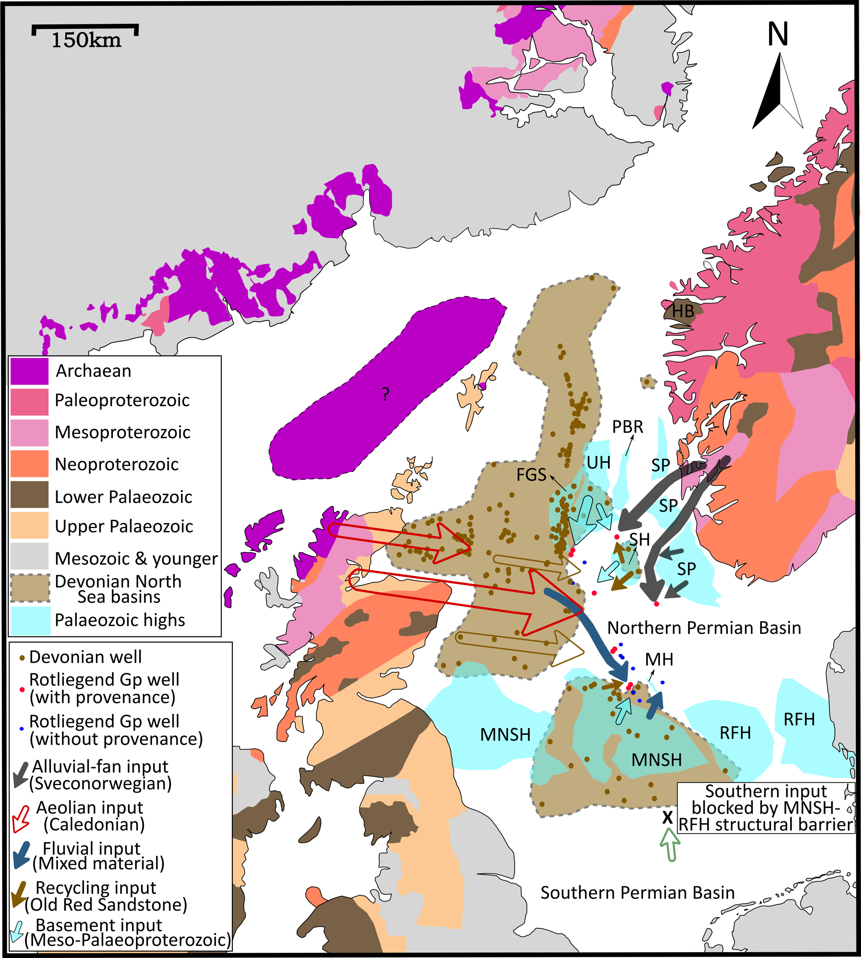 A map showing the study area with core-analysed wells and geological stratigraphy at 298.9 Ma.