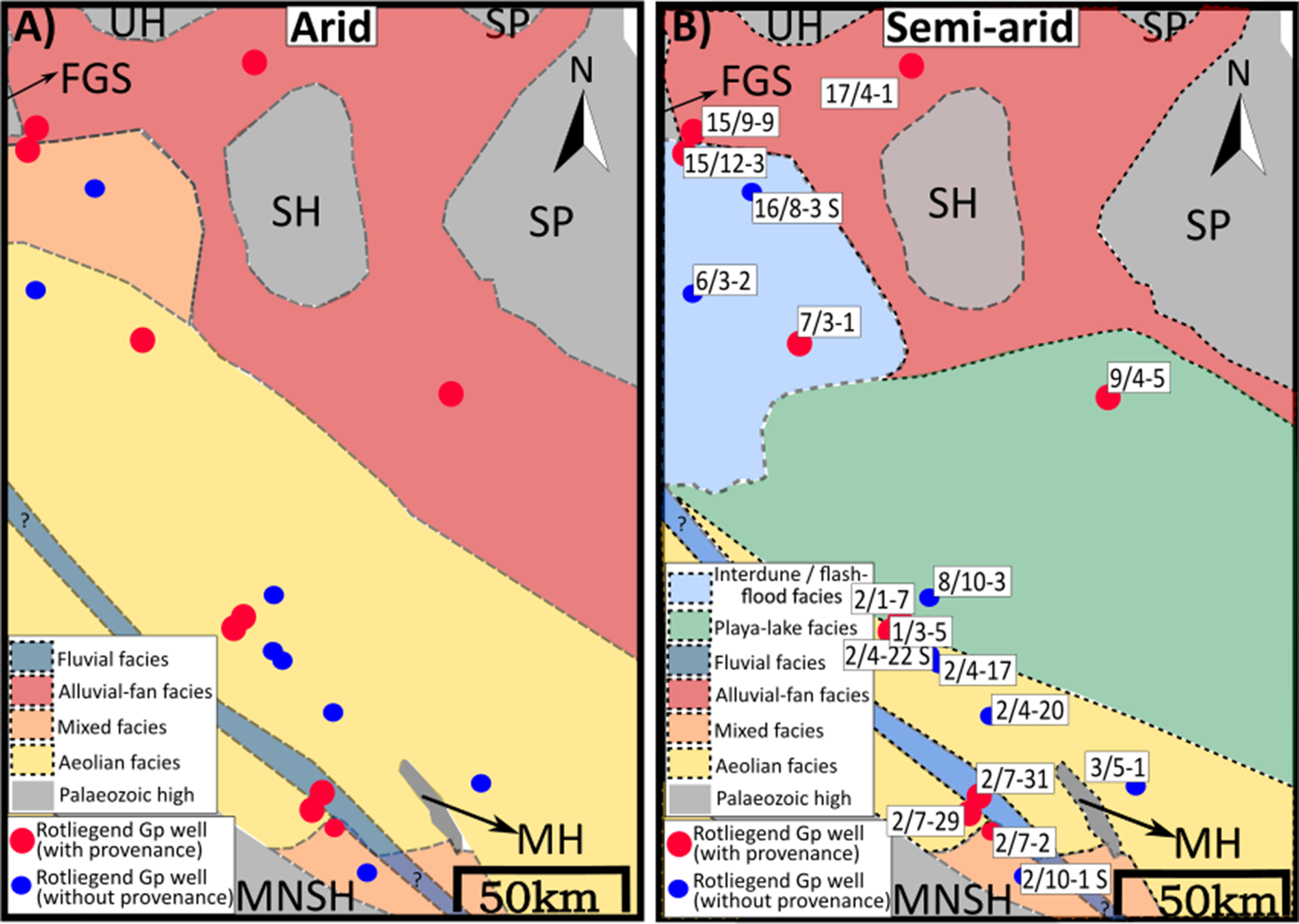 A map showing the palaeogeography of the upper Rotliegend Group during the Early Permian hyper-arid phase.