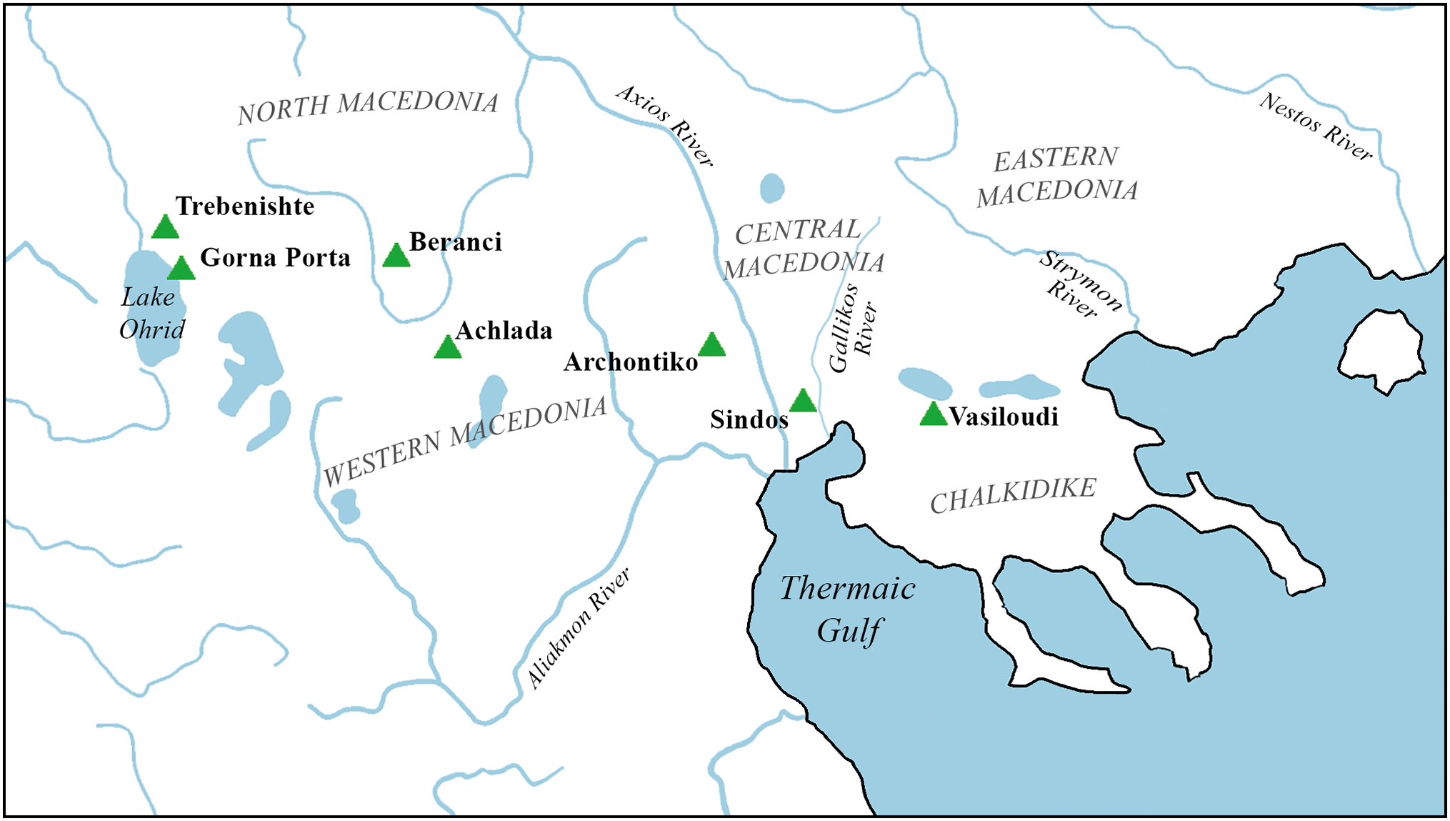 A map showing the distribution of sites featuring burials with gold full-face masks in Macedonia.