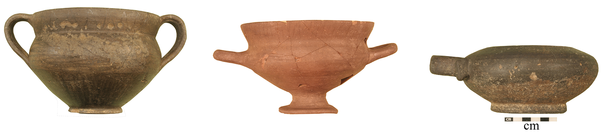 Three ancient pottery vessels: a kantharos, a kylix, and an exaleiptron, from Polichni, central Macedonia.