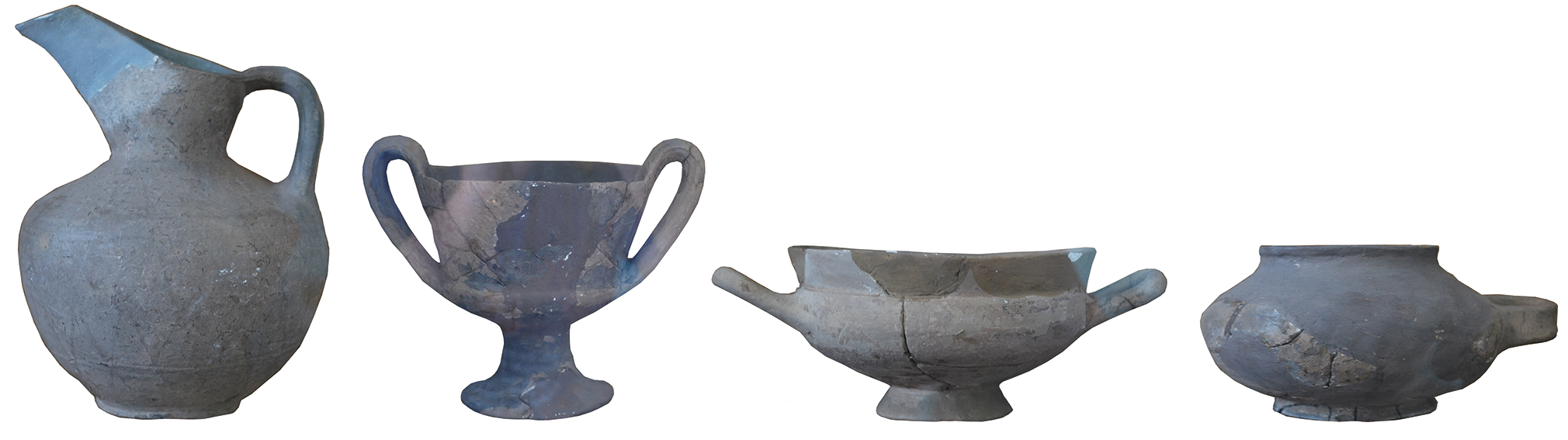 A collection of ancient pottery including a jug, kantharos, kylix, and exaleiptron.