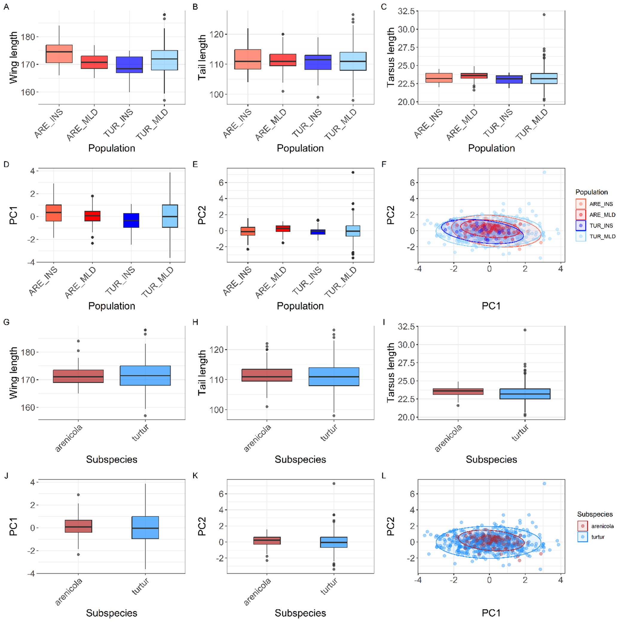A twelve-panel multiplot showing boxplots and scatterplots of morphological traits and principal component scores by bird population and subspecies. See long description.