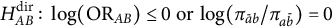 upper H Subscript upper A upper B Superscript dir Baseline colon log left parenthesis upper O upper R Subscript upper A upper B Baseline right parenthesis less than or equals 0 or log left parenthesis pi Subscript a overbar b Baseline divided by pi Subscript a b overbar Baseline right parenthesis equals 0