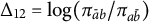 normal upper Delta 12 equals log left parenthesis pi Subscript a overbar b Baseline divided by pi Subscript a b overbar Baseline right parenthesis
