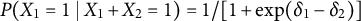 upper P left parenthesis upper X 1 equals 1 vertical bar upper X 1 plus upper X 2 equals 1 right parenthesis equals 1 divided by left bracket 1 plus exp left parenthesis delta 1 minus delta 2 right parenthesis right bracket