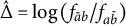 ModifyingAbove normal upper Delta With caret equals log left parenthesis f Subscript a overbar b Baseline divided by f Subscript a b overbar Baseline right parenthesis