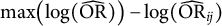 max left parenthesis log left parenthesis ModifyingAbove upper O upper R With caret right parenthesis right parenthesis minus log left parenthesis ModifyingAbove upper O upper R With caret Subscript i j Baseline right parenthesis