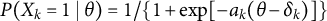 upper P left parenthesis upper X Subscript k Baseline equals 1 vertical bar theta right parenthesis equals 1 divided by left brace 1 plus exp left bracket minus a Subscript k Baseline left parenthesis theta minus delta Subscript k Baseline right parenthesis right bracket right brace