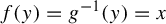 f left parenthesis y right parenthesis equals g Superscript negative 1 Baseline left parenthesis y right parenthesis equals x