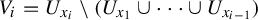 upper V Subscript i Baseline equals upper U Subscript x Sub Subscript i Baseline minus left parenthesis upper U Subscript x 1 Baseline union midline horizontal ellipsis union upper U Subscript x Sub Subscript i minus 1 Subscript Baseline right parenthesis