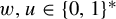 w comma u element of left brace 0 comma 1 right brace Superscript asterisk