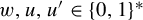 w comma u comma u prime element of left brace 0 comma 1 right brace Superscript asterisk