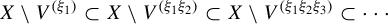 upper X minus upper V Superscript left parenthesis xi 1 right parenthesis Baseline subset of upper X minus upper V Superscript left parenthesis xi 1 xi 2 right parenthesis Baseline subset of upper X minus upper V Superscript left parenthesis xi 1 xi 2 xi 3 right parenthesis Baseline subset of midline horizontal ellipsis