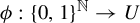 phi colon left brace 0 comma 1 right brace Superscript double struck upper N Baseline right arrow upper U