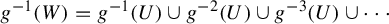 g Superscript negative 1 Baseline left parenthesis upper W right parenthesis equals g Superscript negative 1 Baseline left parenthesis upper U right parenthesis union g Superscript negative 2 Baseline left parenthesis upper U right parenthesis union g Superscript negative 3 Baseline left parenthesis upper U right parenthesis union midline horizontal ellipsis