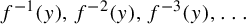 f Superscript negative 1 Baseline left parenthesis y right parenthesis comma f Superscript negative 2 Baseline left parenthesis y right parenthesis comma f Superscript negative 3 Baseline left parenthesis y right parenthesis comma ellipsis