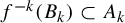 f Superscript negative k Baseline left parenthesis upper B Subscript k Baseline right parenthesis subset of upper A Subscript k