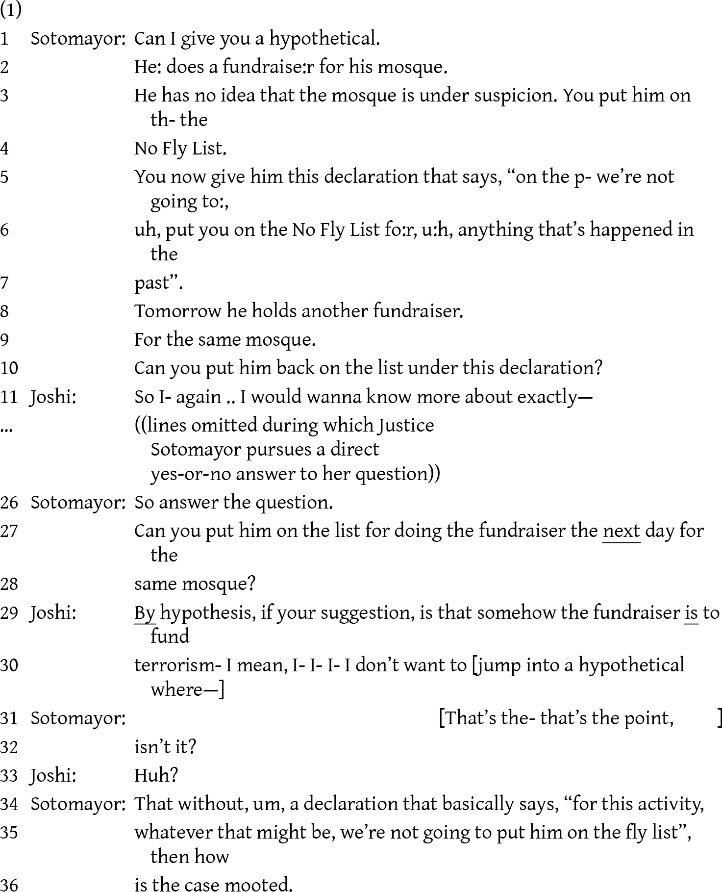 Excerpted dialogue shows Justice Sotomayor pressing for a yes-or-no on whether a new fundraiser could return someone to the No Fly List under a declaration. See long description.