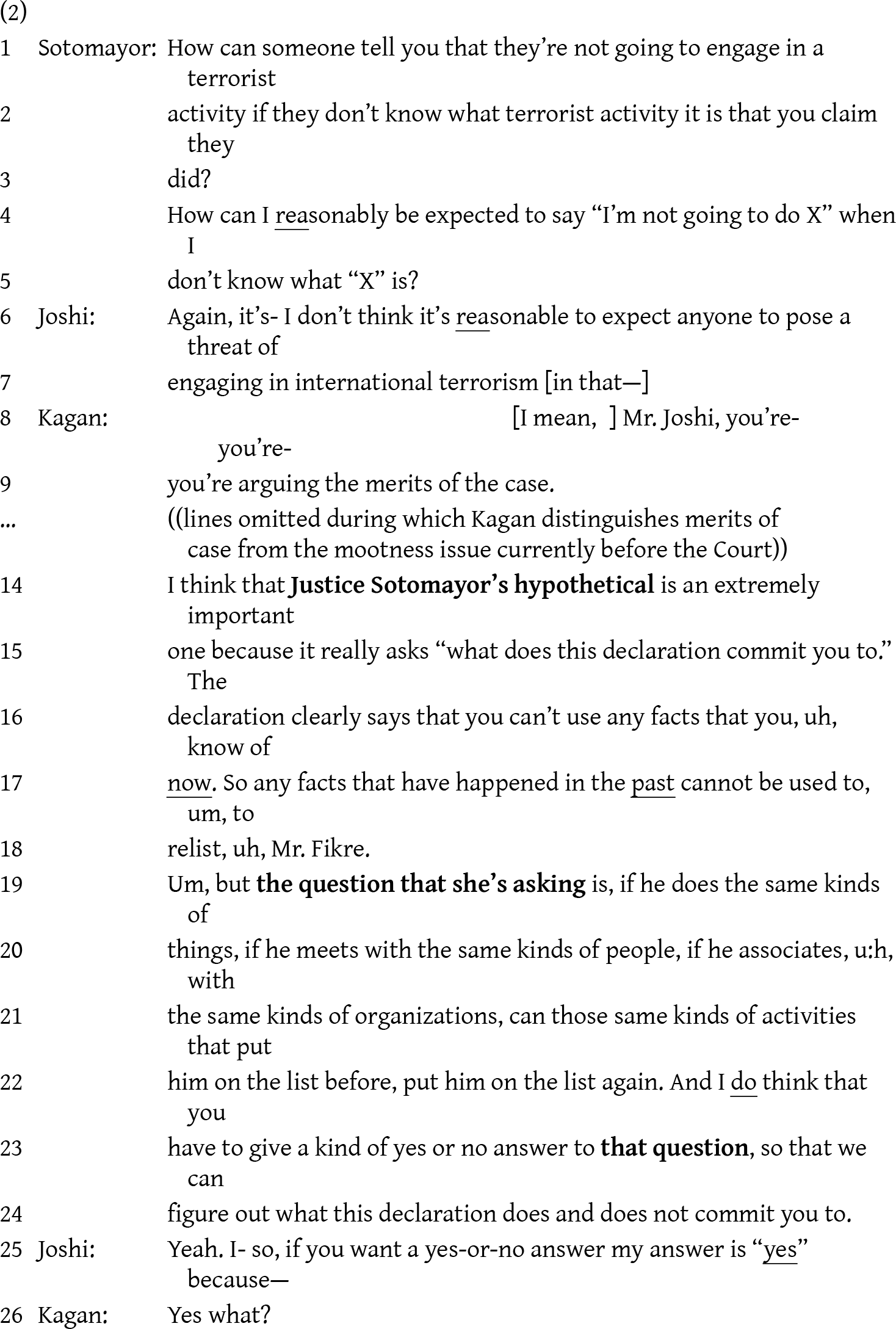 Excerpted court dialogue: Sotomayor presses for clarity on alleged terrorist acts; Kagan says Joshi is arguing merits and demands a yes-or-no on relisting. See long description.