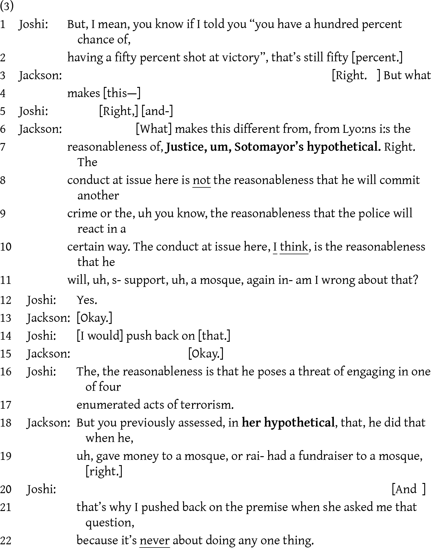 Transcript excerpt: Joshi contrasts certainty and odds, while Jackson argues the key difference is the reasonableness of a hypothetical about supporting a mosque again. See long description.