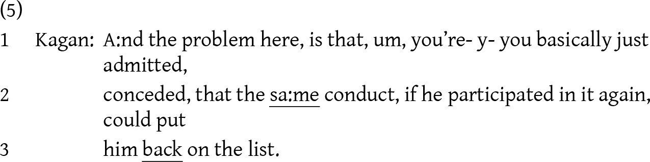 Three-line transcript excerpt: Kagan says the speaker admitted the same conduct, if repeated, could put him back on the list. See long description.